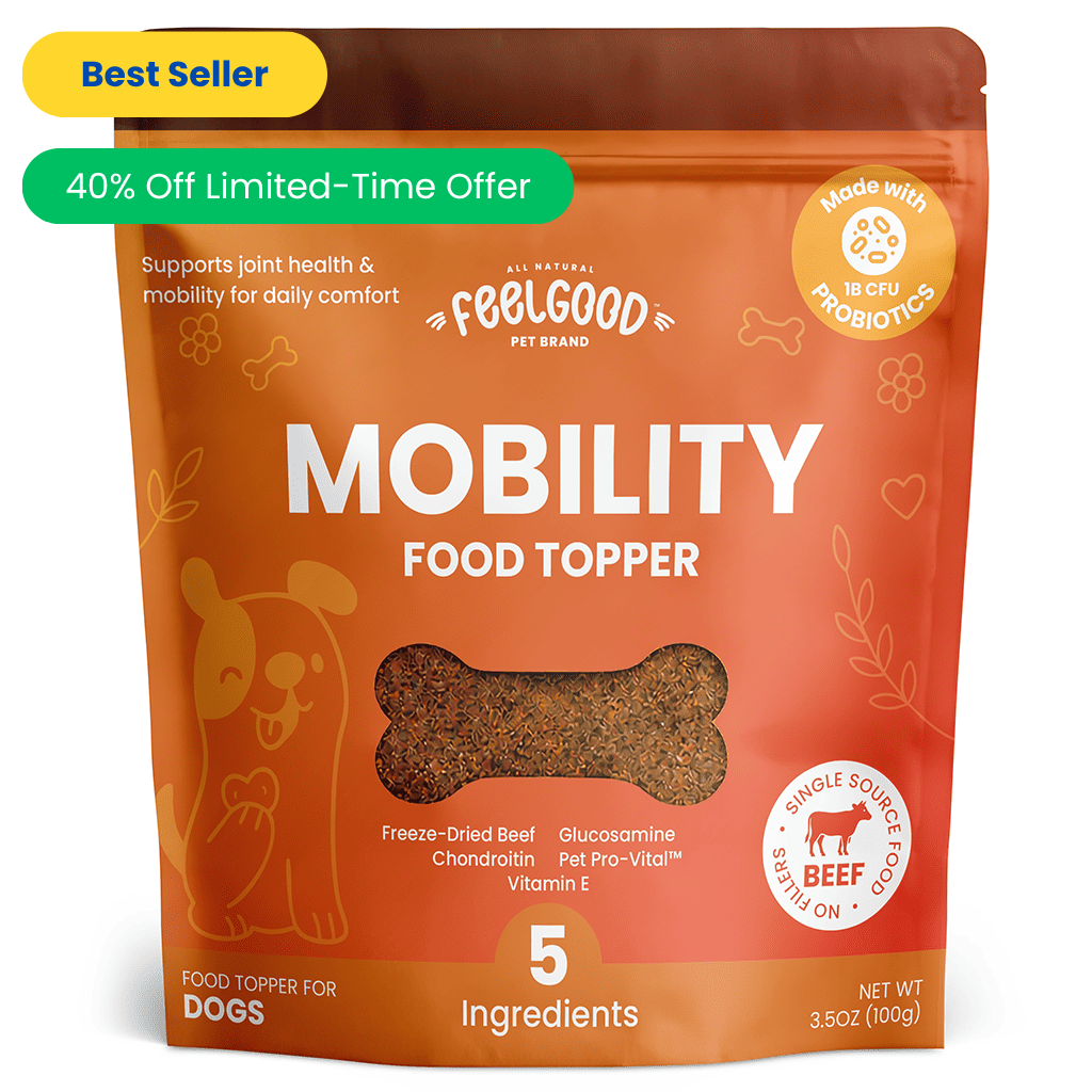 Package of FeelGood Pet Brand Mobility Food Topper for dogs with promotional text on an orange background.