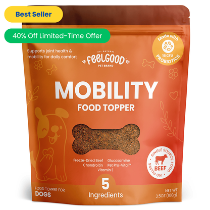 Package of FeelGood Pet Brand Mobility Food Topper for dogs with promotional text on an orange background.