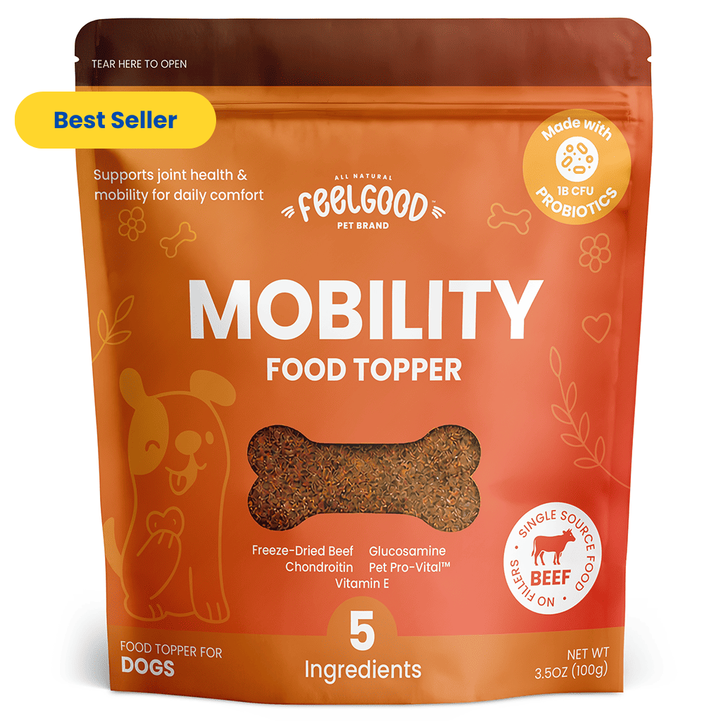 Package of FeelGood Pet Brand Mobility Food Topper for dogs on an orange background