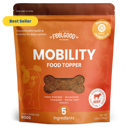 Package of FeelGood Pet Brand Mobility Food Topper for dogs on an orange background
