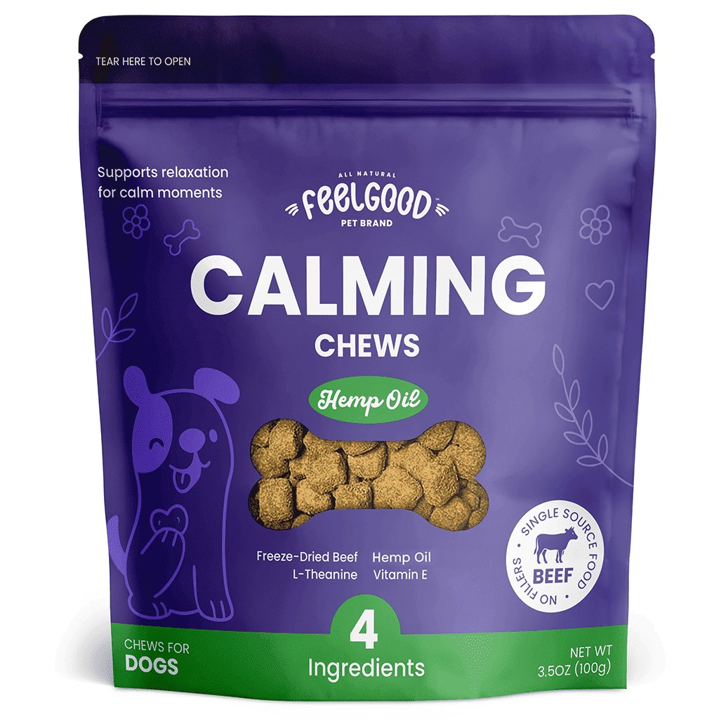 Purple package of FeelGood Pet Brand calming chews for dogs with a cartoon dog illustration.