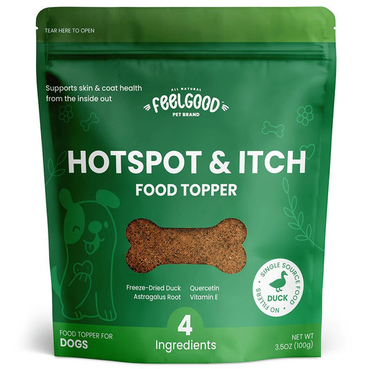 Green package of FeelGood Pet Brand Hotspot & Itch Food Topper for dogs on a white background