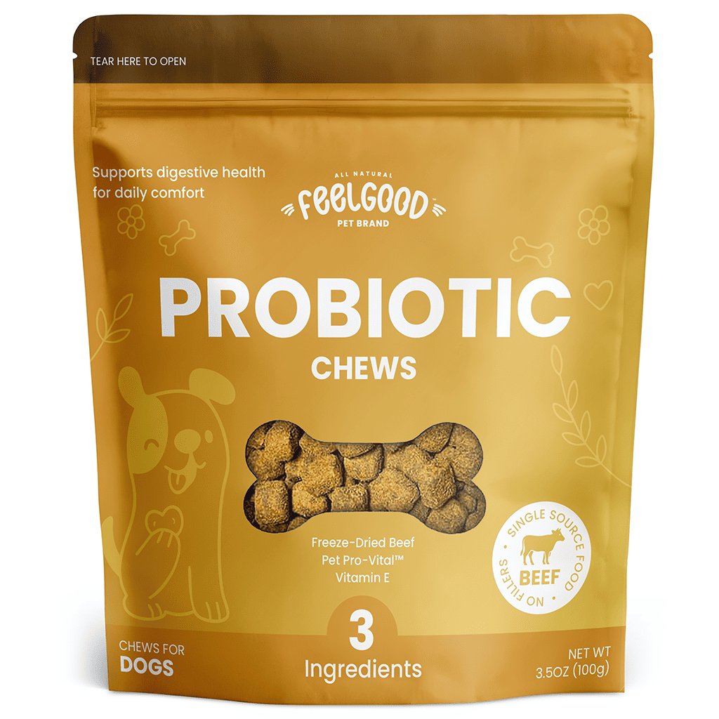 Package of FeelGood Probiotic Chews for dogs on a white background