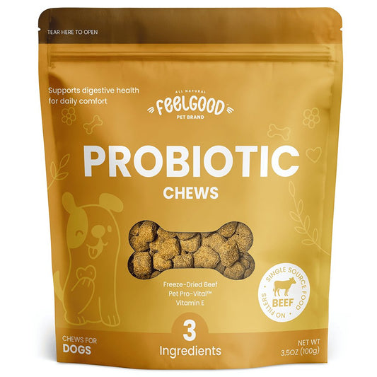 Package of FeelGood Probiotic Chews for dogs on a white background
