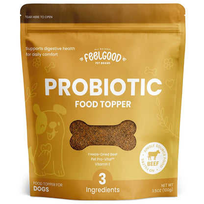 Probiotic food topper package for dogs with a yellow background