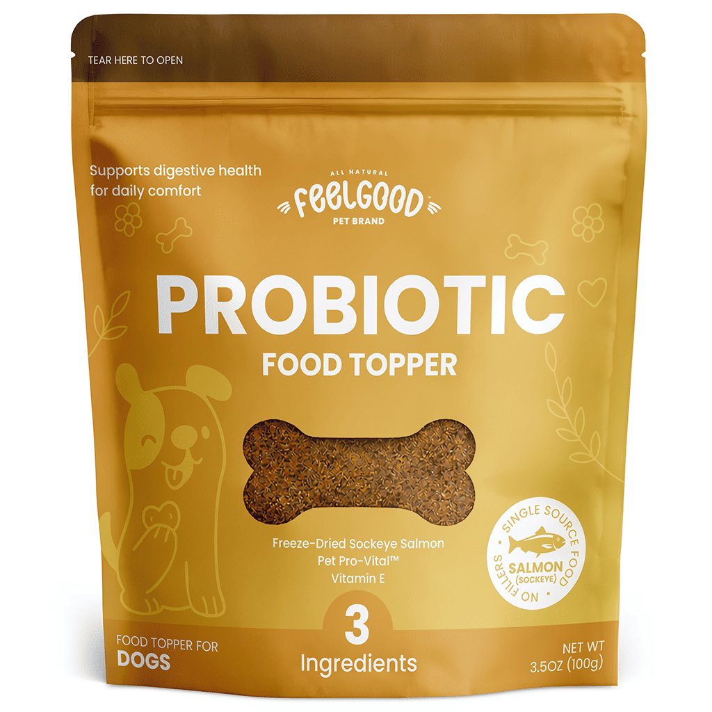 Package of FeelGood Probiotic Food Topper for dogs on a white background