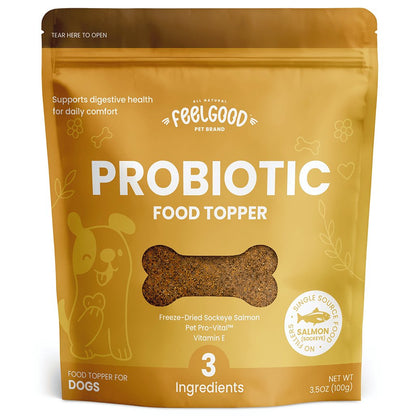Package of FeelGood Probiotic Food Topper for dogs on a white background