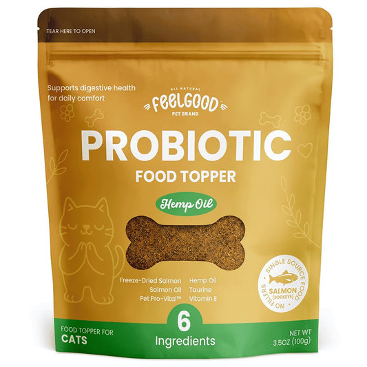 Package of FeelGood Pet Brand Probiotic Food Topper with hemp oil for cats on an orange background