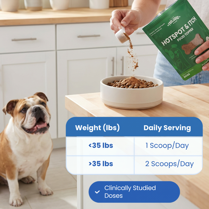 Dosing guide for Feel Good Pet Hotspot & Itch Food Topper.