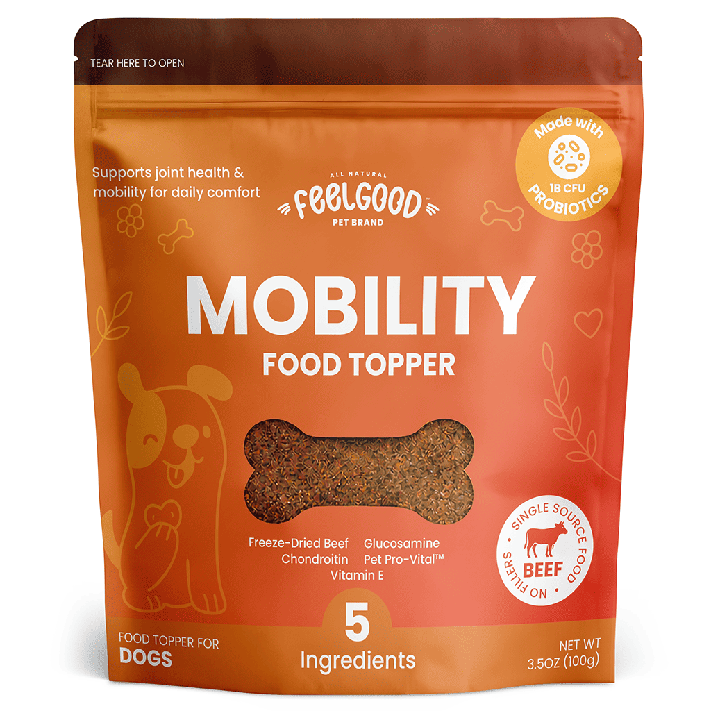 Package of FeelGood Pet Brand Mobility Food Topper for dogs on an orange background
