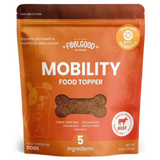 Package of FeelGood Pet Brand Mobility Food Topper for dogs on an orange background