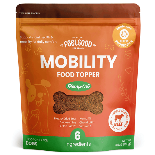 Package of FeelGood Pet Brand Mobility Food Topper for dogs on an orange background