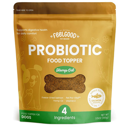 Yellow package of FeelGood Pet Brand Probiotic Food Topper with hemp oil for dogs on a white background
