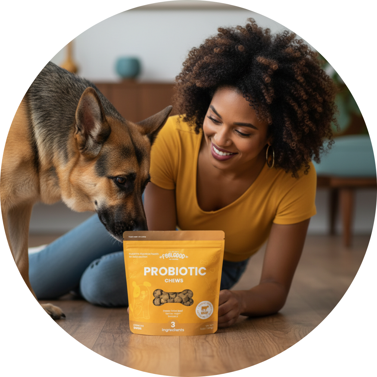 Woman with a dog looking at a package of probiotic chews on the floor.
