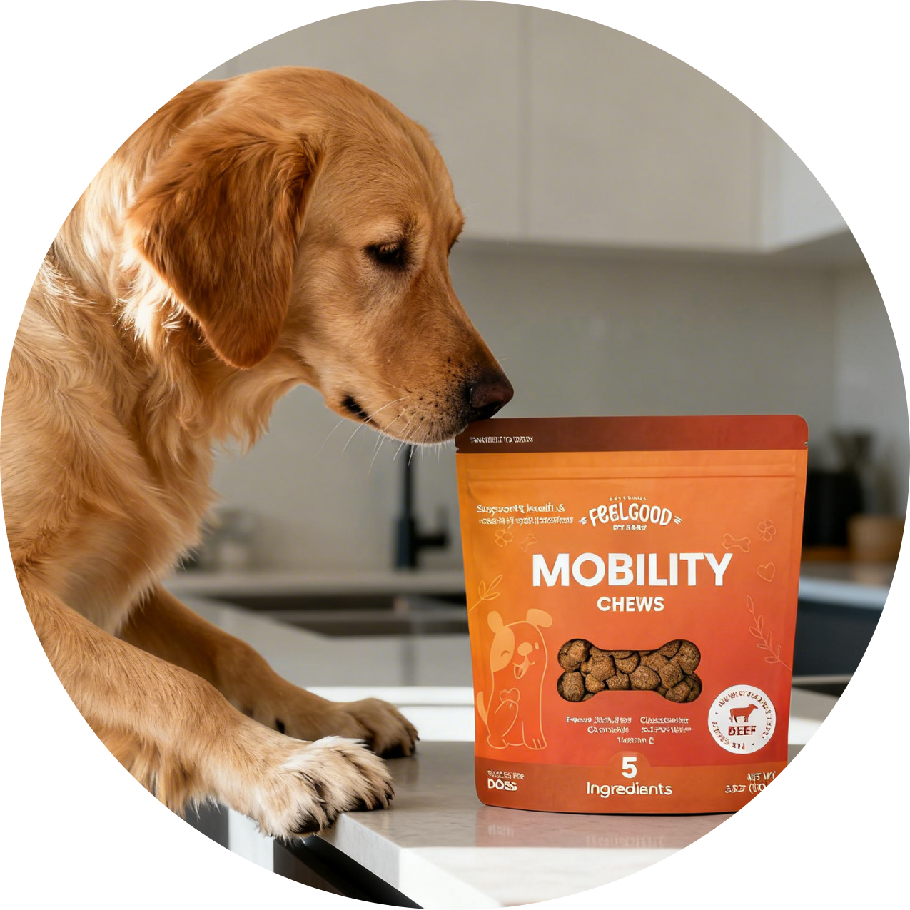 Dog looking at a package of Frelgood Mobility Chews on a kitchen counter.