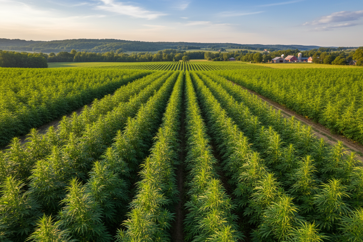 Agricultural field with rows of green hemp plants under a clear sky.