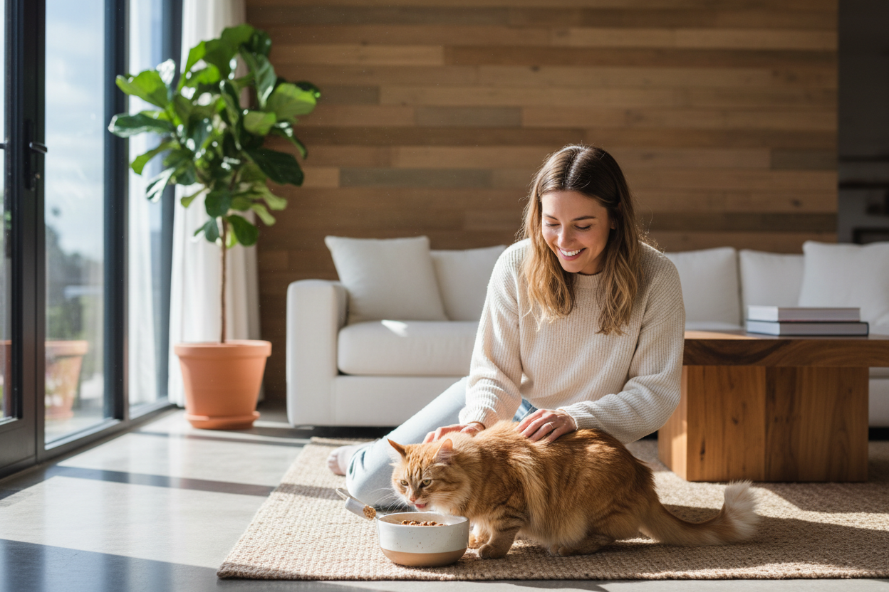 Woman feeding a cat on a rug in a cozy living room.