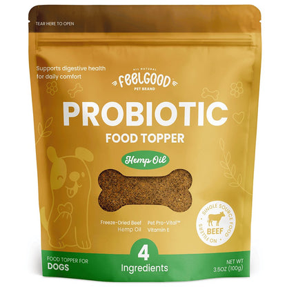 Package of FeelGood Pet Brand Probiotic Food Topper with hemp oil for dogs on an orange background