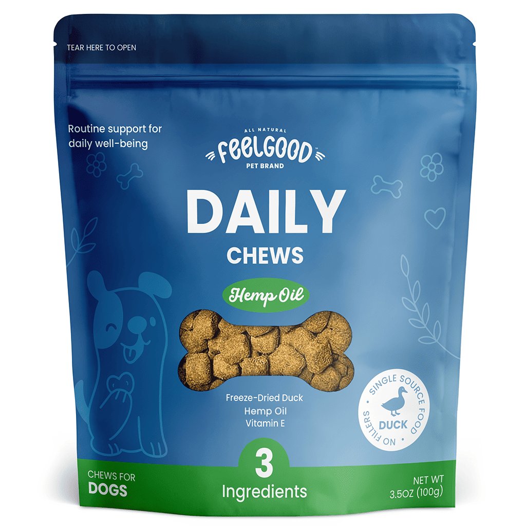 Blue package of FeelGood Pet Brand Daily Chews with hemp oil for dogs on a white background